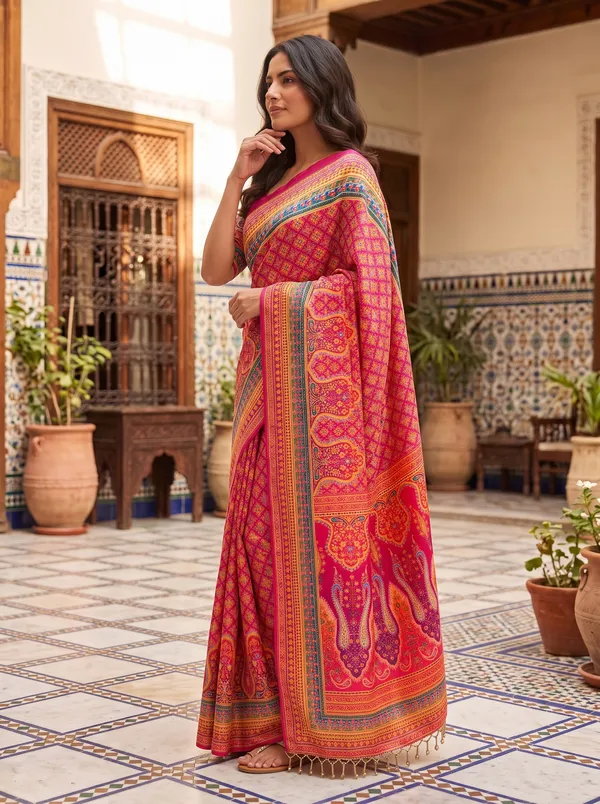 Magenta_Chinon_Digital_Printed_Saree_with_Real_Glass_Bead_Tassels