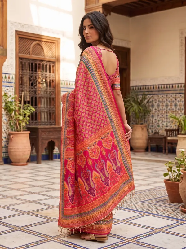 Magenta_Chinon_Digital_Printed_Saree_with_Real_Glass_Bead_Tassels