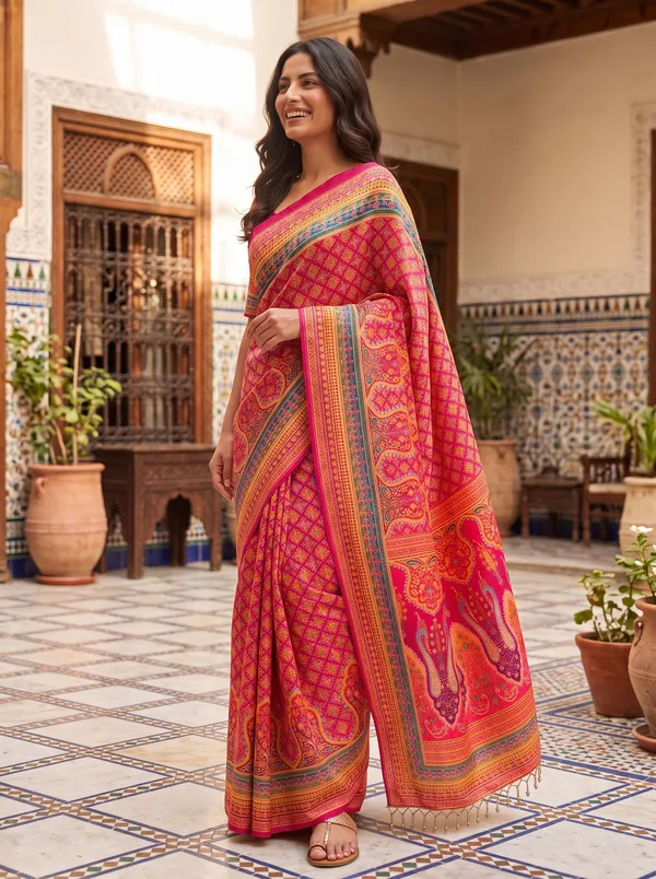 Magenta_Chinon_Digital_Printed_Saree_with_Real_Glass_Bead_Tassels