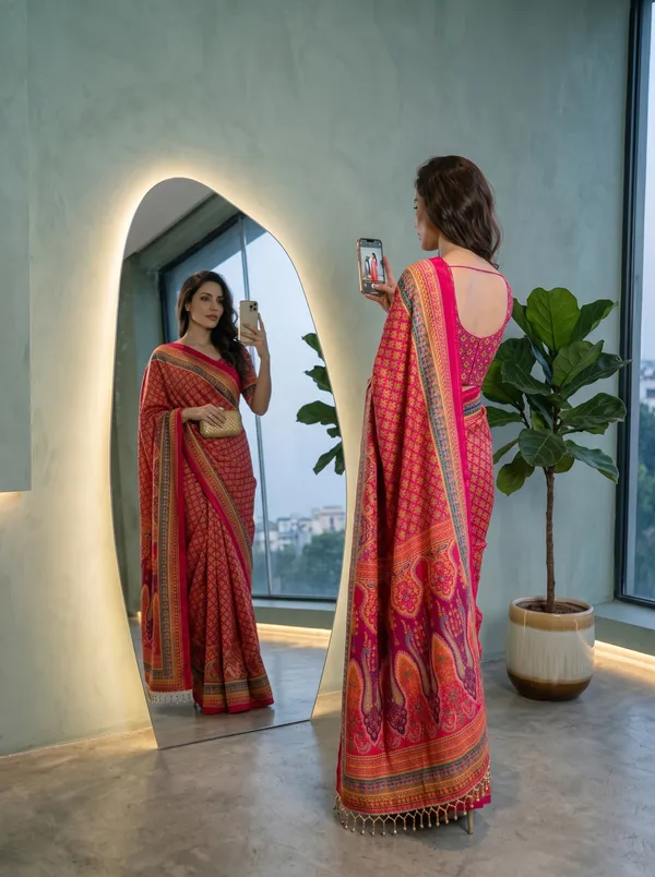 Magenta_Chinon_Digital_Printed_Saree_with_Real_Glass_Bead_Tassels