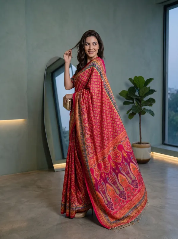 Magenta_Chinon_Digital_Printed_Saree_with_Real_Glass_Bead_Tassels
