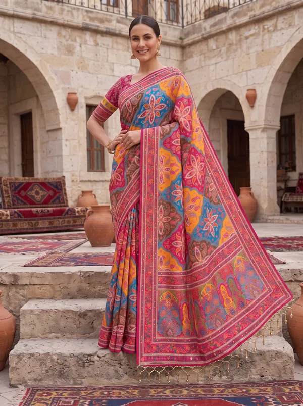 Digital_Printed_Chinon_Saree_with_Glass_Bead_Tassels_&_Unstitched_Blouse
