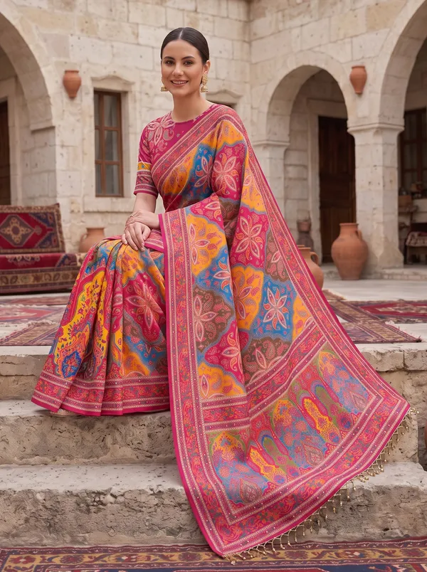 Digital_Printed_Chinon_Saree_with_Glass_Bead_Tassels_&_Unstitched_Blouse