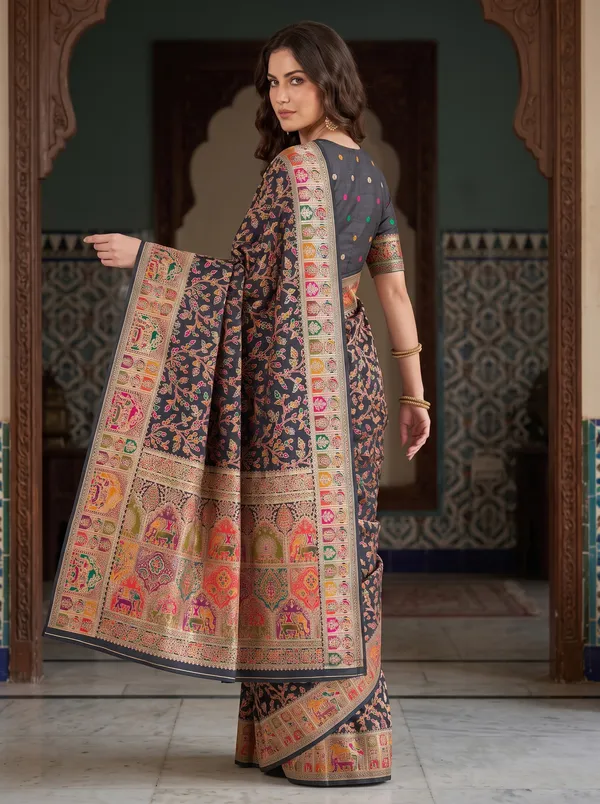 Black_Pashmina_Banarasi_Silk_Saree_with_Colorful_Jacquard_Weaving_&_Blouse