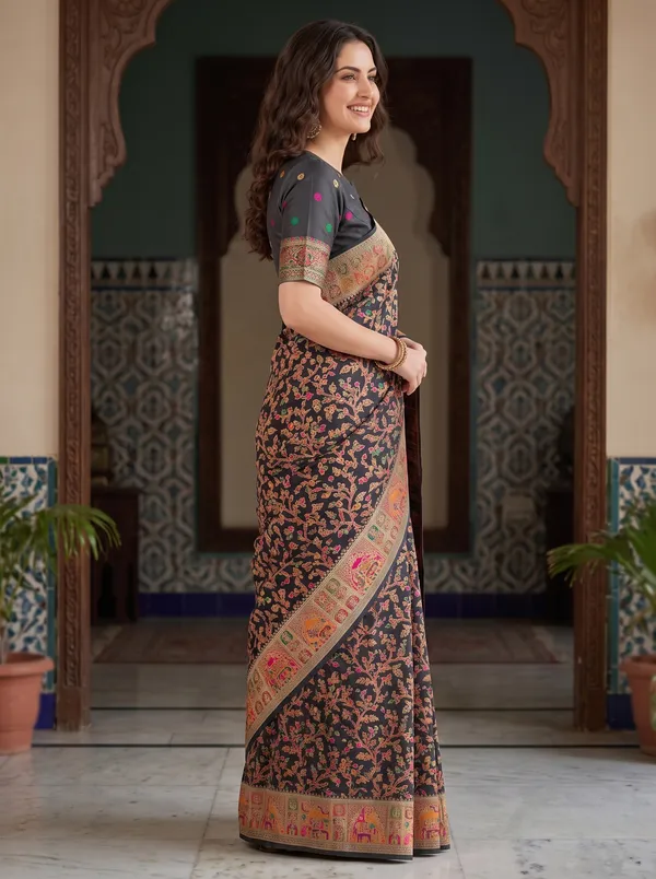 Black_Pashmina_Banarasi_Silk_Saree_with_Colorful_Jacquard_Weaving_&_Blouse