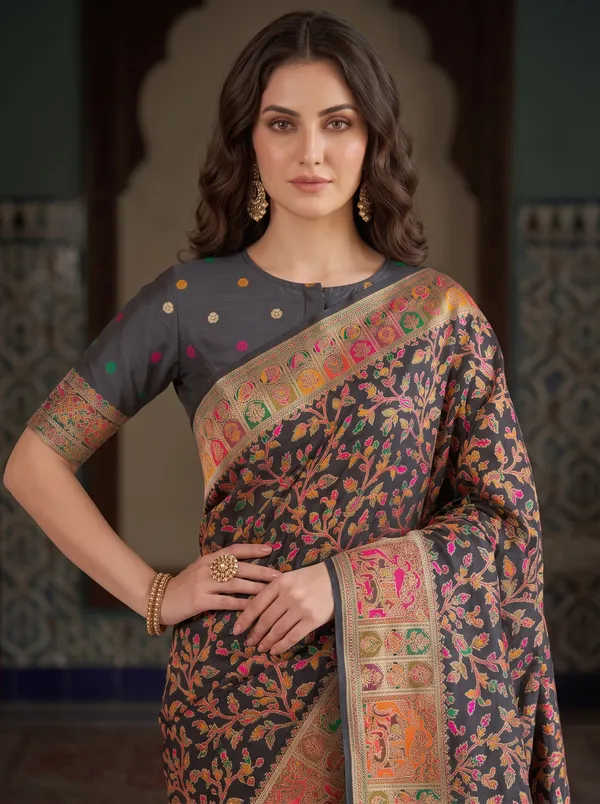 Black_Pashmina_Banarasi_Silk_Saree_with_Colorful_Jacquard_Weaving_&_Blouse