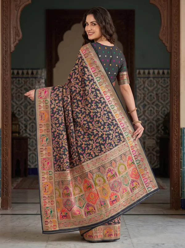Black_Pashmina_Banarasi_Silk_Saree_with_Colorful_Jacquard_Weaving_&_Blouse
