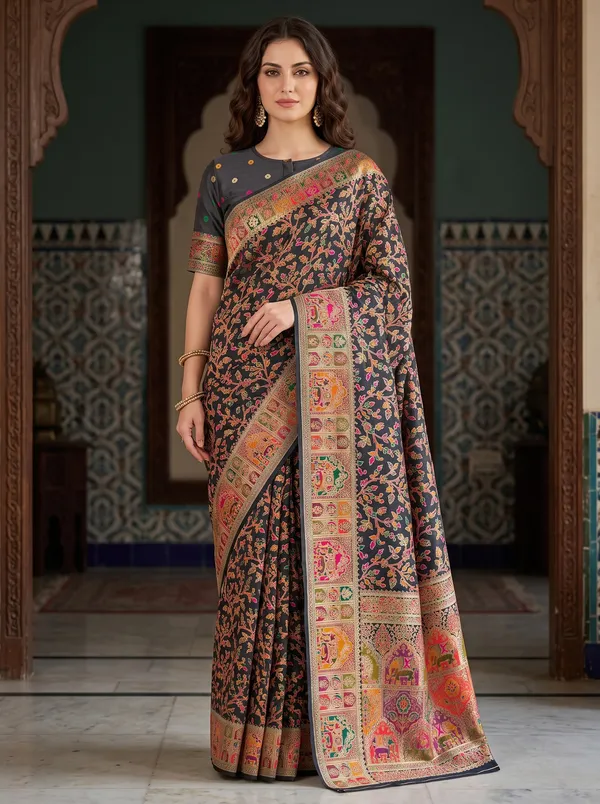 Black_Pashmina_Banarasi_Silk_Saree_with_Colorful_Jacquard_Weaving_&_Blouse
