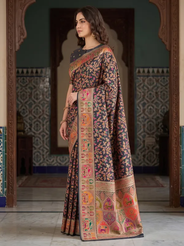 Black_Pashmina_Banarasi_Silk_Saree_with_Colorful_Jacquard_Weaving_&_Blouse