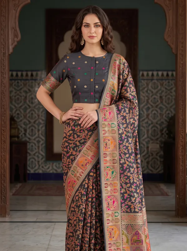 Black_Pashmina_Banarasi_Silk_Saree_with_Colorful_Jacquard_Weaving_&_Blouse