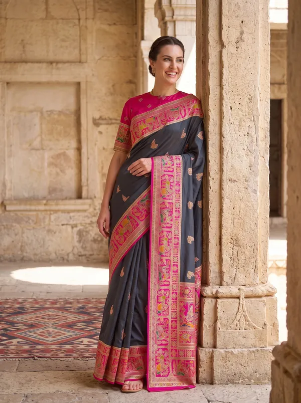Black_Pashmina_Banarasi_Silk_Saree_with_Pink_Jacquard_Weaving_&_Colorful_Motifs
