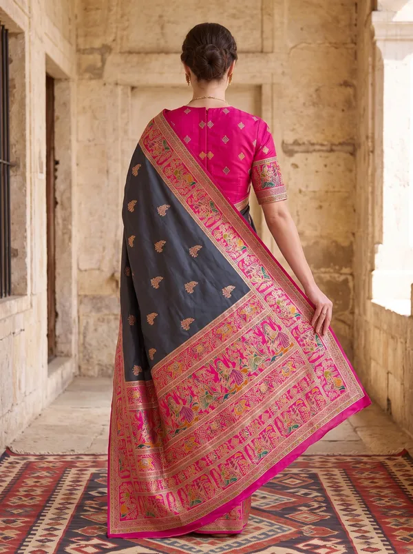 Black_Pashmina_Banarasi_Silk_Saree_with_Pink_Jacquard_Weaving_&_Colorful_Motifs