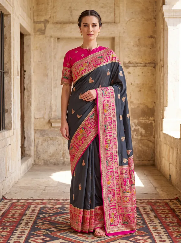 Black_Pashmina_Banarasi_Silk_Saree_with_Pink_Jacquard_Weaving_&_Colorful_Motifs