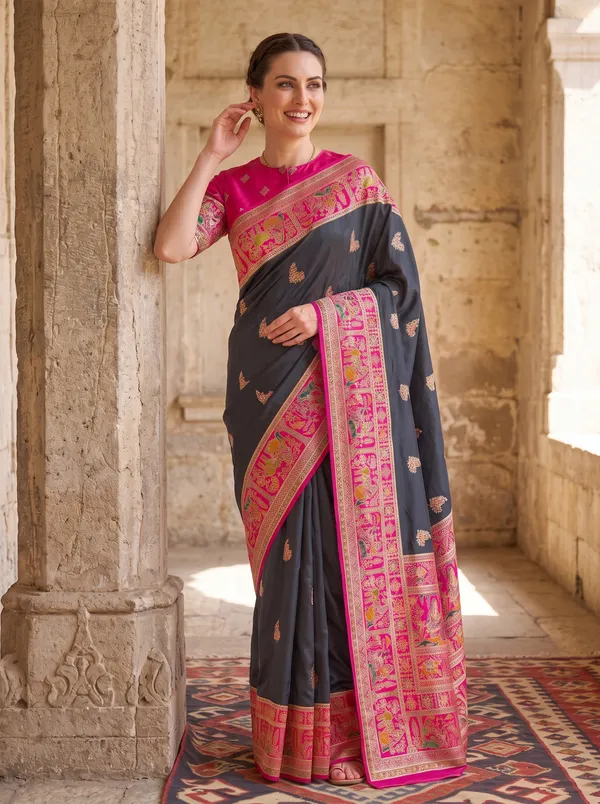 Black_Pashmina_Banarasi_Silk_Saree_with_Pink_Jacquard_Weaving_&_Colorful_Motifs