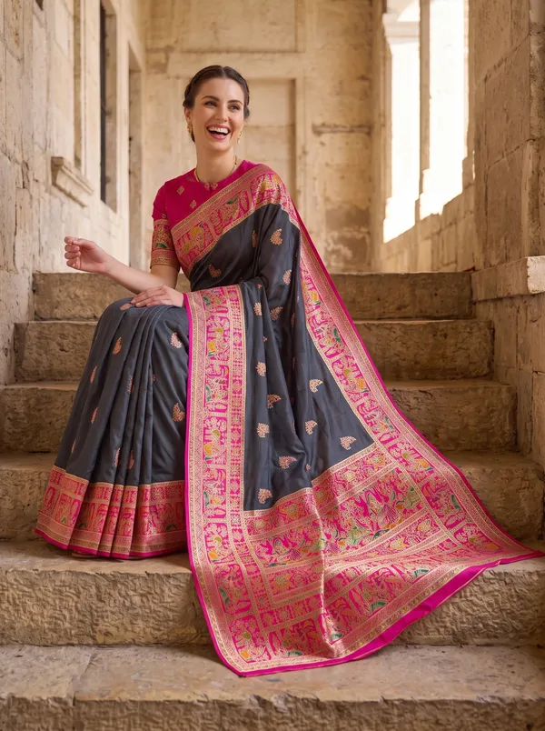 Black_Pashmina_Banarasi_Silk_Saree_with_Pink_Jacquard_Weaving_&_Colorful_Motifs