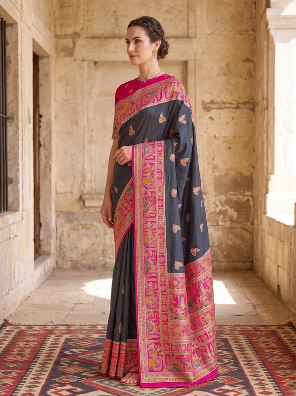 Black_Pashmina_Banarasi_Silk_Saree_with_Pink_Jacquard_Weaving_&_Colorful_Motifs