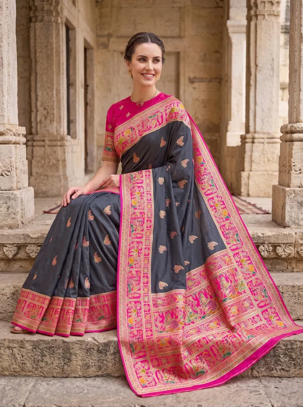 Black_Pashmina_Banarasi_Silk_Saree_with_Pink_Jacquard_Weaving_&_Colorful_Motifs