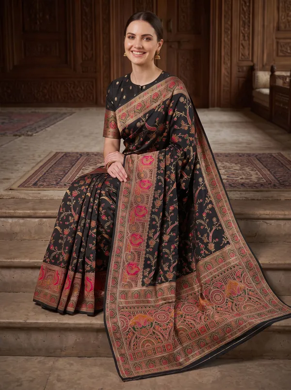 Black_Pashmina_Silk_Banarasi_Saree_with_Colorful_Jacquard_Motifs_&_Blouse