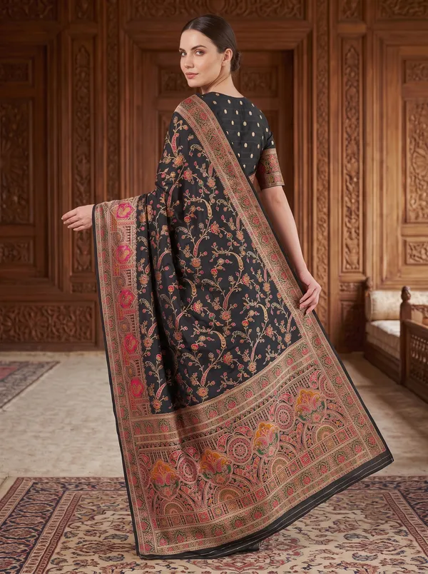 Black_Pashmina_Silk_Banarasi_Saree_with_Colorful_Jacquard_Motifs_&_Blouse