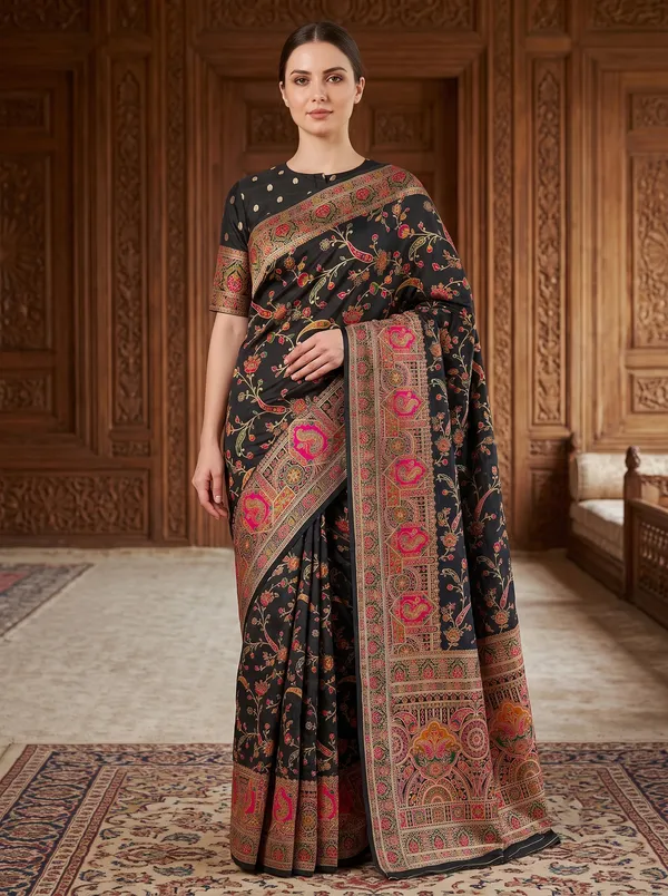 Black_Pashmina_Silk_Banarasi_Saree_with_Colorful_Jacquard_Motifs_&_Blouse