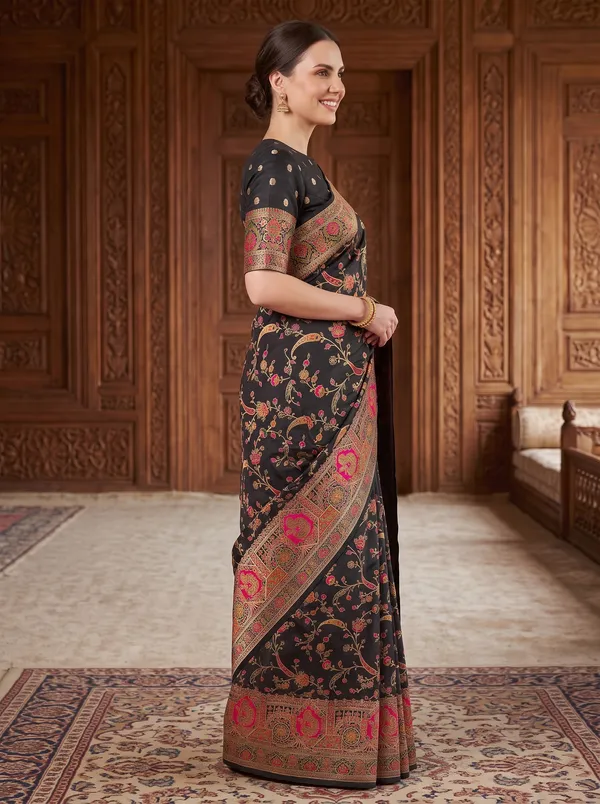Black_Pashmina_Silk_Banarasi_Saree_with_Colorful_Jacquard_Motifs_&_Blouse