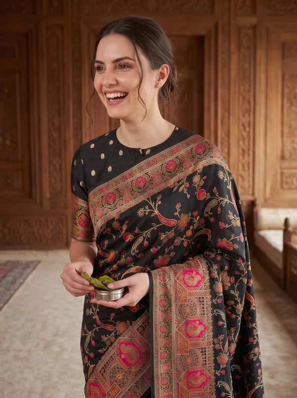 Black_Pashmina_Silk_Banarasi_Saree_with_Colorful_Jacquard_Motifs_&_Blouse