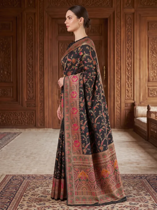 Black_Pashmina_Silk_Banarasi_Saree_with_Colorful_Jacquard_Motifs_&_Blouse