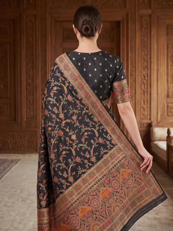 Black_Pashmina_Silk_Banarasi_Saree_with_Colorful_Jacquard_Motifs_&_Blouse