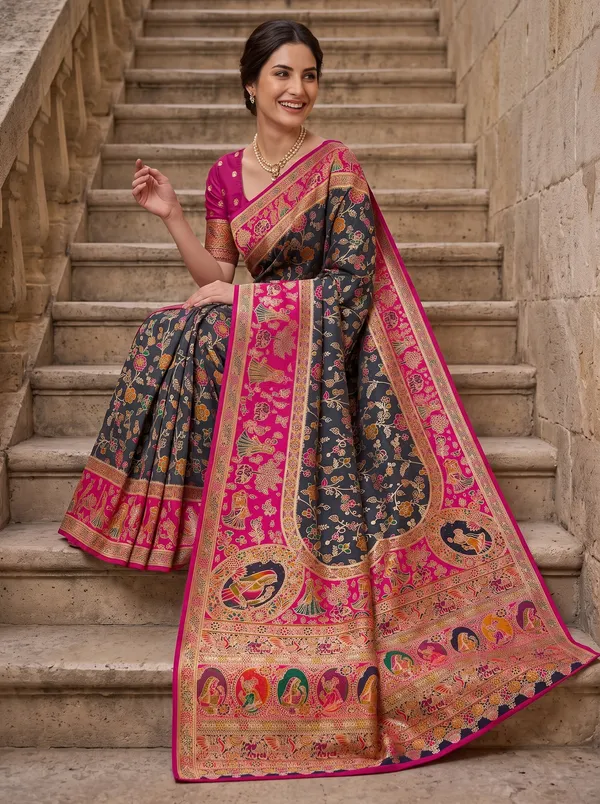 Black_Pashmina_Banarasi_Silk_Saree_with_Magenta_Border_&_Jacquard_Weaving