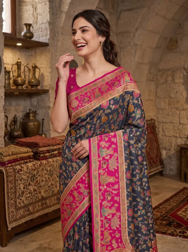Black_Pashmina_Banarasi_Silk_Saree_with_Magenta_Border_&_Jacquard_Weaving
