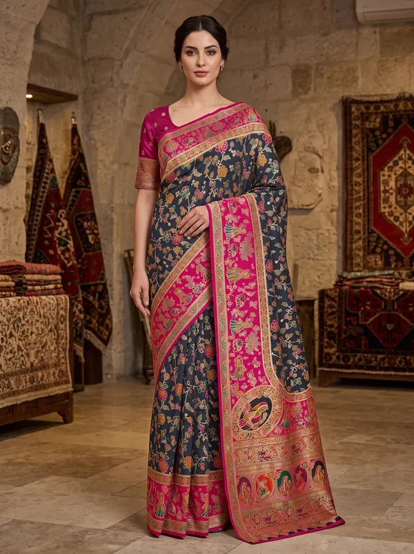 Black_Pashmina_Banarasi_Silk_Saree_with_Magenta_Border_&_Jacquard_Weaving