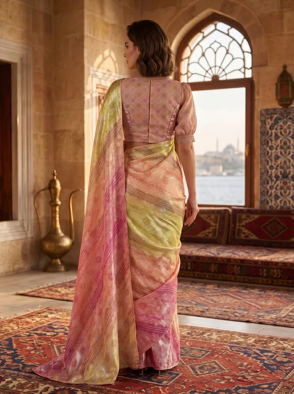 Multi-color_Tissue_Satin_Silk_Printed_Saree_with_Bandhani_Dots