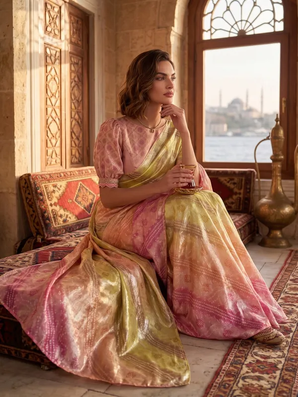 Multi-color_Tissue_Satin_Silk_Printed_Saree_with_Bandhani_Dots