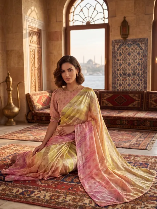 Multi-color_Tissue_Satin_Silk_Printed_Saree_with_Bandhani_Dots