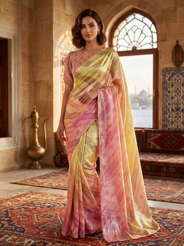 Multi-color_Tissue_Satin_Silk_Printed_Saree_with_Bandhani_Dots