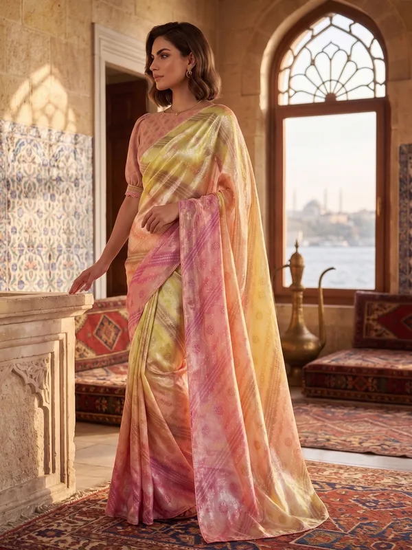 Multi-color_Tissue_Satin_Silk_Printed_Saree_with_Bandhani_Dots