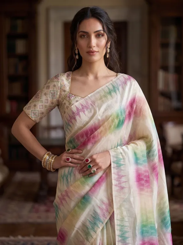 Cream_Tissue_Satin_Silk_Saree_with_Multi-Color_Ikat_Print