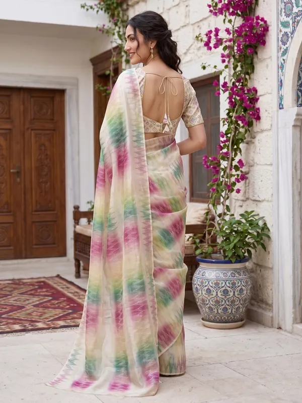 Cream_Tissue_Satin_Silk_Saree_with_Multi-Color_Ikat_Print