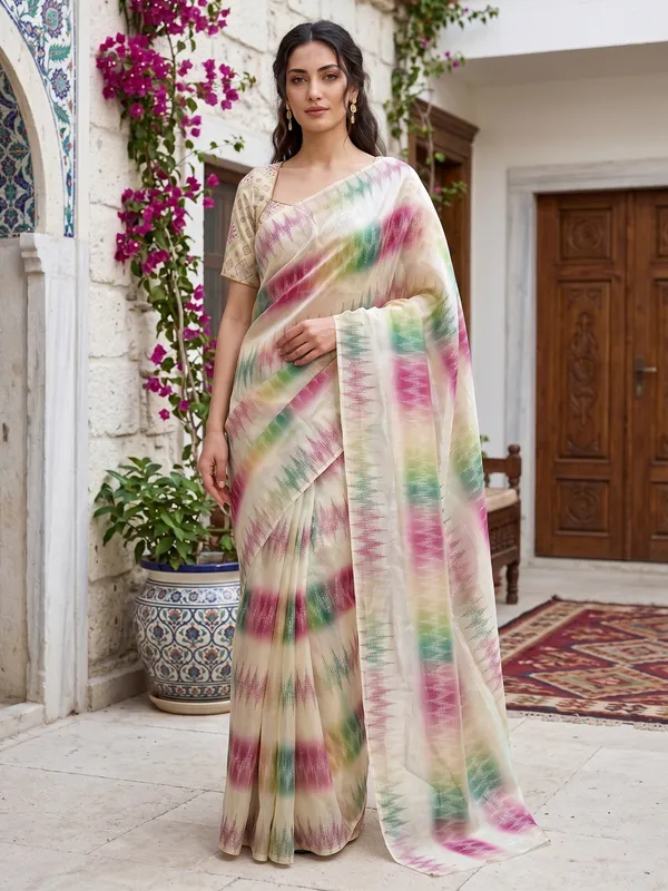 Cream_Tissue_Satin_Silk_Saree_with_Multi-Color_Ikat_Print