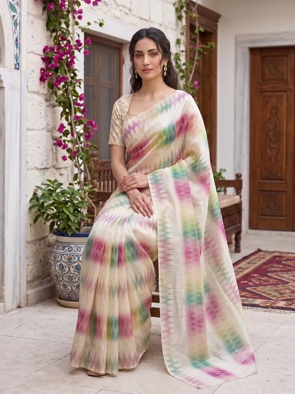 Cream_Tissue_Satin_Silk_Saree_with_Multi-Color_Ikat_Print