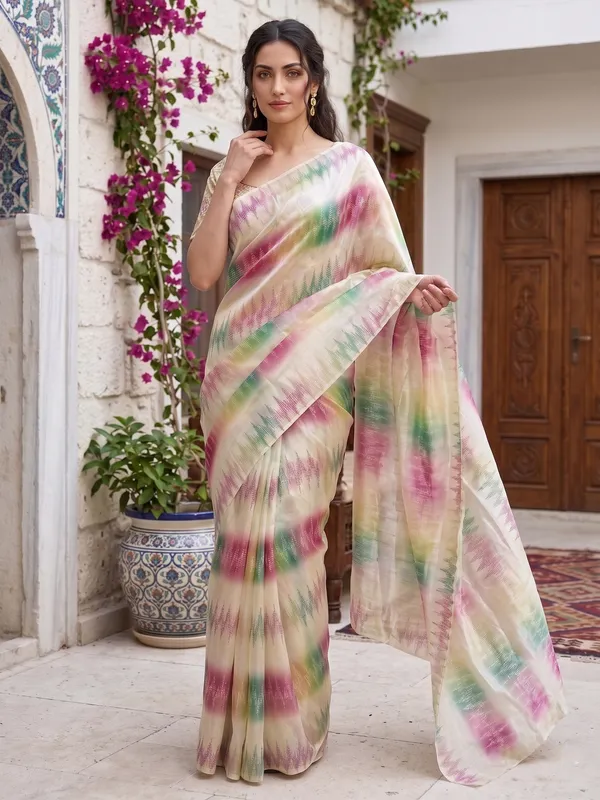 Cream_Tissue_Satin_Silk_Saree_with_Multi-Color_Ikat_Print