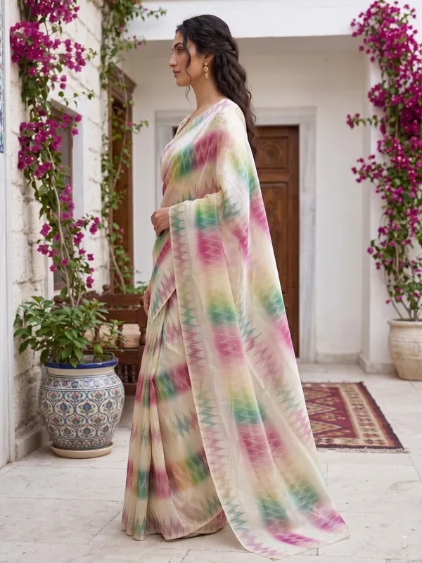 Cream_Tissue_Satin_Silk_Saree_with_Multi-Color_Ikat_Print