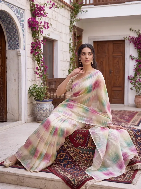 Cream_Tissue_Satin_Silk_Saree_with_Multi-Color_Ikat_Print