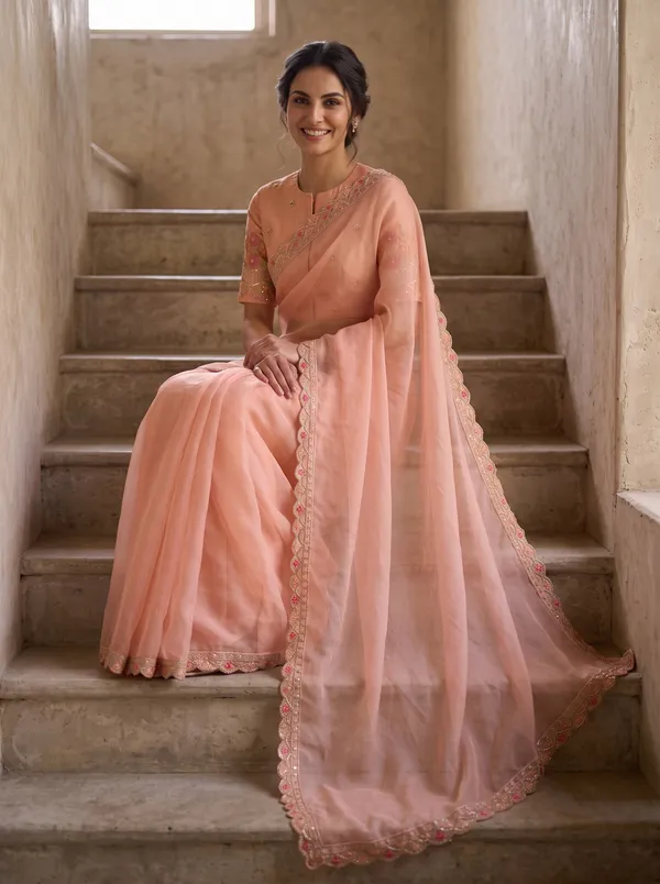 Peach_Georgette_Ready_to_Wear_Saree_with_Scalloped_Border_&_Beads_Work