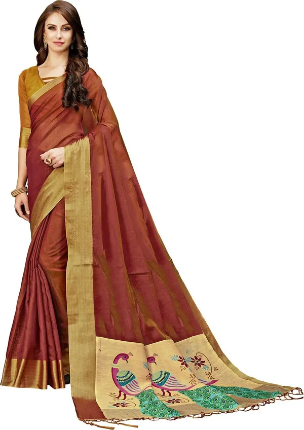 Brown_Banarasi_Silk_Kalamkari_Digital_Print_Zari_Saree_For_Women_|_With_Blouse_Piece