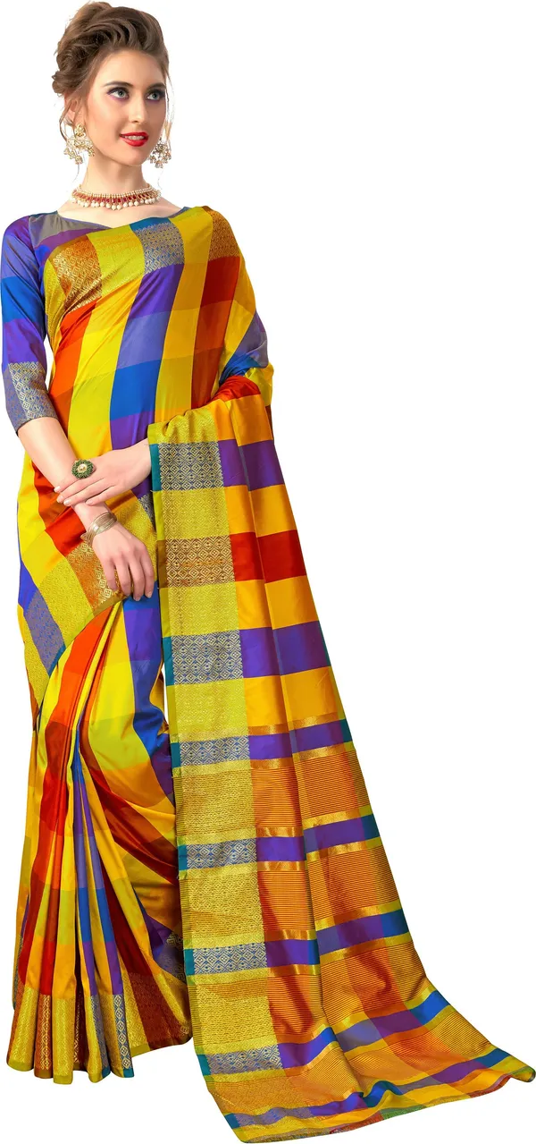 Red_Blue_Cotton_Silk_Zari_Woven_Striped_Checkered_Saree_For_Women_|_With_Blouse_Piece