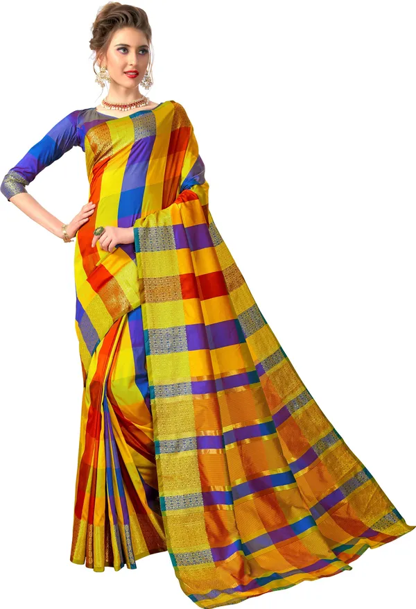 Red_Blue_Cotton_Silk_Zari_Woven_Striped_Checkered_Saree_For_Women_|_With_Blouse_Piece