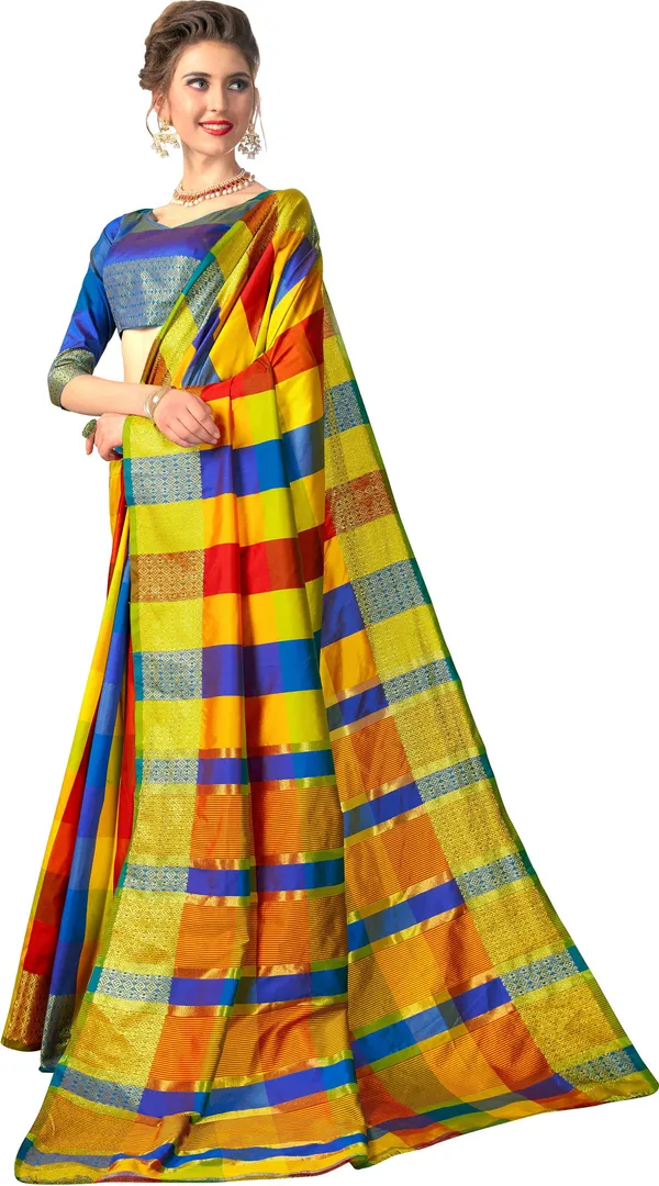 Red_Blue_Cotton_Silk_Zari_Woven_Striped_Checkered_Saree_For_Women_|_With_Blouse_Piece