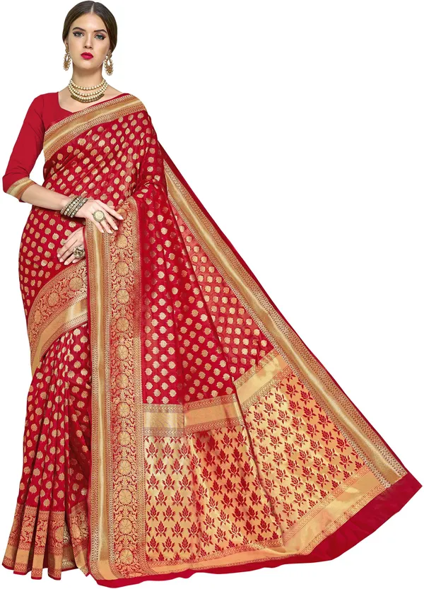 Red_Banarasi_Silk_Blend_Woven_Saree_For_Women_|_With_Blouse_Piece