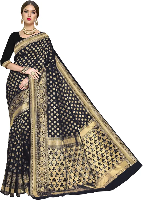 Black_Georgette_Woven_Banarasi_Saree_For_Women_|_With_Blouse_Piece